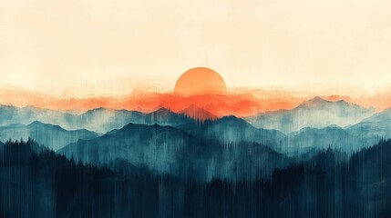 Painted mountain landscape at dawn with rising sun and flowing lines, evoking tranquility and minimalist artistic style