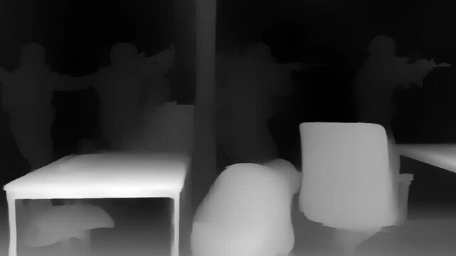 Monochrome depth map depicting armed figures advancing into a furnished office area, intended for use in AI modeling, virtual simulation, and spatial recognition systems.