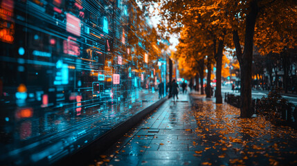 City street in autumn with digital overlays showcasing vibrant technology in an urban environment