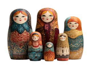 Colorful matryoshka russian dolls set isolated on transparent or white background, png