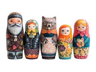 Colorful wooden figures of animals and people isolated on transparent or white background, png