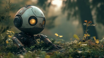 A small robot sits peacefully in a lush green forest. Its curious gaze captures the beauty of nature. Explore the harmony between technology and nature. Generative AI