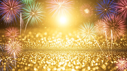 Bright festive fireworks illuminating the night sky above a sparkling golden bokeh background celebrating a special occasion