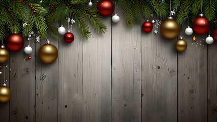 Christmas Border Frame with Fir Tree and Decorative Balls over Brown Wood Texture