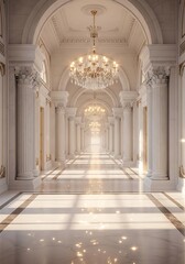Opulent palace hallway illuminated by chandeliers and majestic pillars