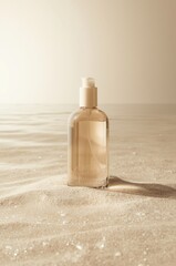 Cosmetic product bottle with pump dispenser standing on textured sand with soft natural light