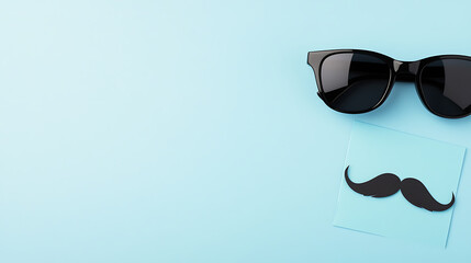 Sunglasses and a mustache on a light blue background. A playful nod to vintage style. Simple and cool. Celebrating individuality with an amusing touch.