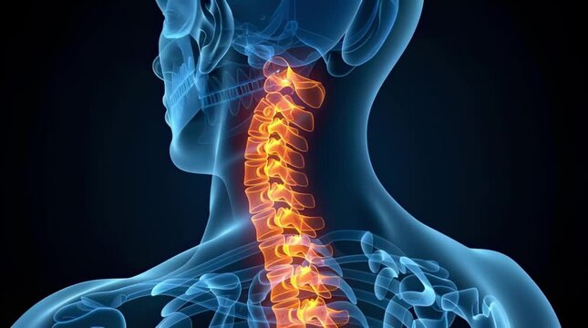 Neck and Cervical Spine Human Anatomy X-ray Style 3D Medical Illustration. Detailed visualization of cervical vertebrae, highlighting neck pain and Cervical Spine disorders, arthritis, osteochondrosis