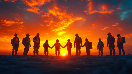 Group of workers holding hands against a vibrant sunset at a construction site
