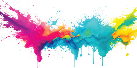 Fototapeta premium Abstract Vibrant Horizontal Rainbow Paint Splash With Multi-Color Ink Splatter & Liquid Drips on White. Dynamic Art for Creative Branding & Modern Graphic Design.
