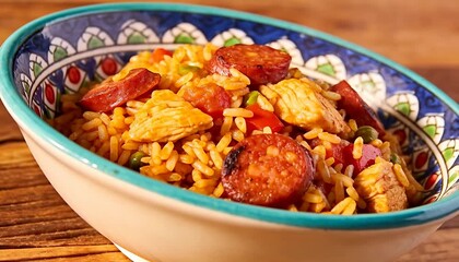 Hearty chicken and sausage rice dish full of flavor and colorful ingredients for a tasty meal, food, dinner.