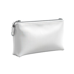 Sleek, rectangular white pouch with a silver zipper on a black backdrop