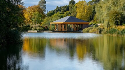 A serene lakeside view featuring a modern pavilion surrounded by vibrant autumn foliage. Reflections on the water add tranquility and beauty. Generative AI