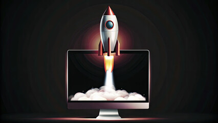 Rocket launching from laptop for startup success concept. A rocket launching from a computer screen, symbolizing innovation.