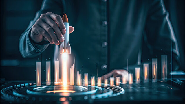 Businessman holding virtual rocket launch concept. A hand launching a rocket representing growth and innovation.