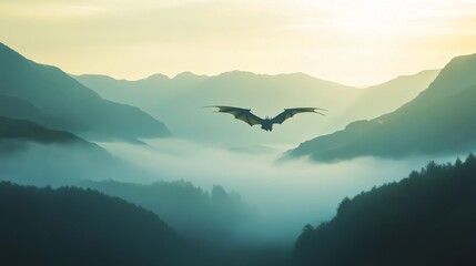 A bat soars gracefully over misty mountains at dawn. Natural beauty and wildlife unite in this captivating scene. Experience the serenity of nature. Generative AI