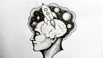 Striking illustration of mind launching rocket concept. Creative concept illustrating imagination and exploration mindset.
