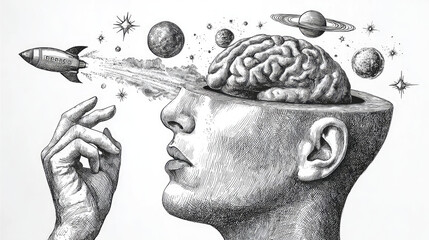 Striking illustration of mind launching rocket concept. Conceptual illustration of creativity and imagination in thought.