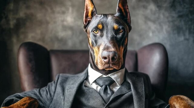Doberman dog in elegant suit sits on armchair portraying humorous corporate boss character with power and confidence