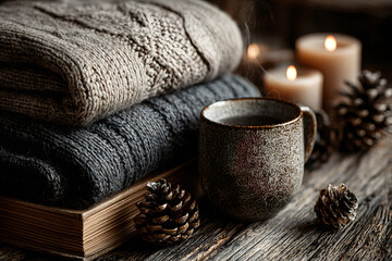 Stylish flat lay of cozy autumn and winter essentials on rustic wooden background.