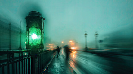 A green race track light shines brightly concept. A moody urban scene featuring a glowing green street lamp.
