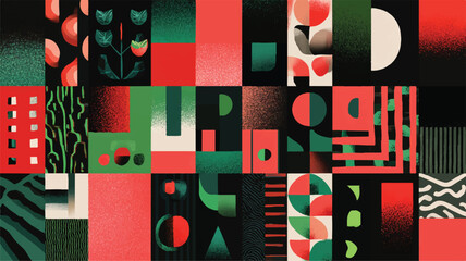 Geometric shapes and abstract patterns in red green and black colors