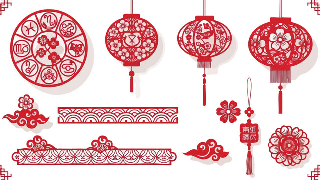 Flat lay of intricately designed red Chinese New Year decorations on a white background with traditional patterns and shapes.