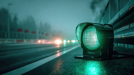 A green race track light shines brightly concept. Close-up of a green traffic light signaling for vehicles to go.