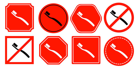 Set of toothbrush warning signs with various shapes and symbols