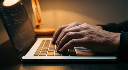 Close-up of hands typing on a laptop keyboard with code visible on screen. Software development and programming concept showing developer working late with warm desk lighting.