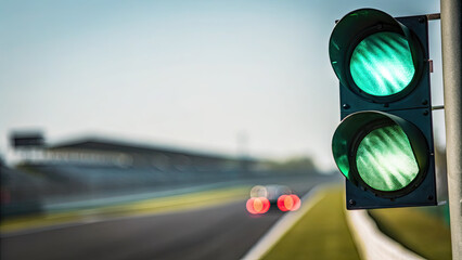 Race begins with green light on blurred racetrack concept. Green traffic light signaling go at a racing track.