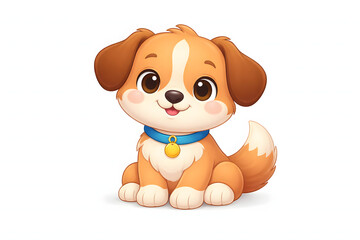 Fototapeta premium Cute Cartoon Puppy with Collar Sitting Illustration Isolated on White Background