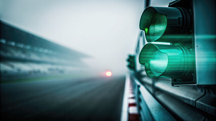 A green race track light shines brightly concept. Green traffic light signaling start of a race in foggy conditions.