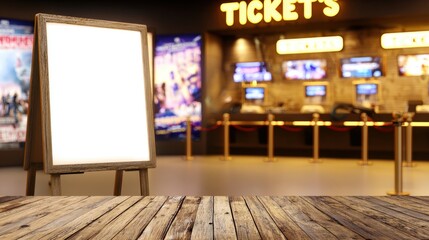A blank whiteboard on a wooden table in a movie theater lobby with ticket counters and posters in the background for cinema or advertisement purposes.