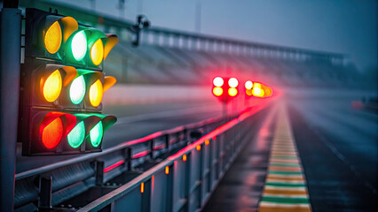 A close-up of illuminated lights on empty track concept. Traffic signals illuminate a rainy racetrack during twilight.