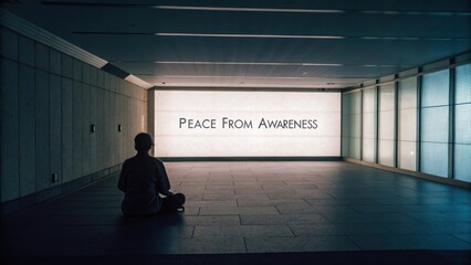 Person meditating peacefully in front of awareness quote