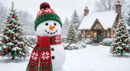 Naklejka premium Happy Snowman in Red Scarf and Beanie Standing in Snow Covered Garden with Christmas Trees and Cozy Cottage