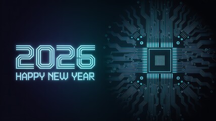 Happy new year 2026 with a futuristic digital circuit board design
