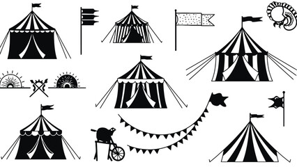 A collection of circus tents and decorative elements are shown.