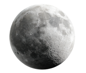 Detailed grayscale moon with visible craters and texture on black backdrop