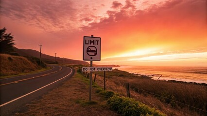 Road sign with the word Limit on a coastal highway at sunset