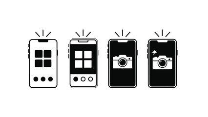 Four smartphones display different camera interface icons and flash symbols.