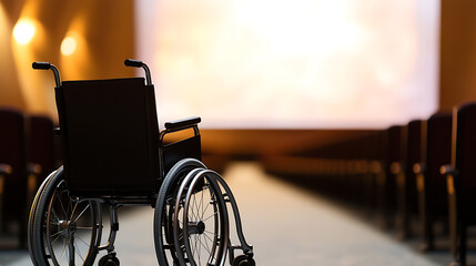 A wheelchair sits in an auditorium, facing the bright screen, symbolizing accessibility and inclusion. A reminder of shared experiences for everyone.