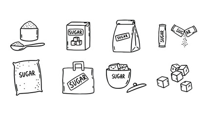 Various containers and forms of sugar are depicted in a simple line drawing.
