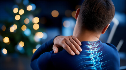 Faceless patient experiencing neck and shoulder discomfort near Christmas decorated office, hand placed on upper back, digitally highlighted spine and ribcage showing tension point