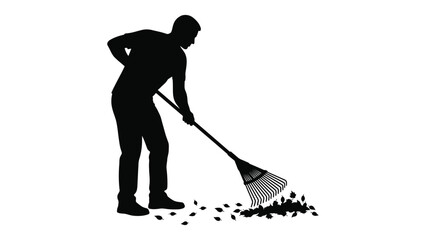 Silhouette of a person raking leaves on a white background.