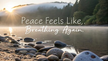 Smooth stones in water reflecting tranquil landscape at dawn