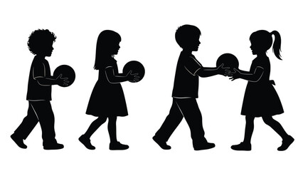 Children in silhouette play with balls on a white background.