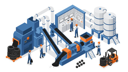 Industrial facility processing tires into rubber granules and other materials using heavy machinery and automated systems. © Purnomo