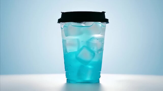 Refreshing bright blue beverage filled with ice cubes in a clear plastic cup with a black lid studio shot against a light background